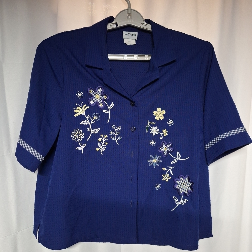 Blue Women's Top with Floral Embroidery by BonWorth
